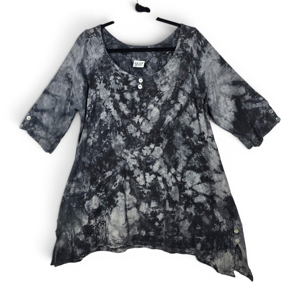 Oh My Gauze Womens Cotton Tie Dye Tunic Top Black Grey Asymmetrical Hem Medium